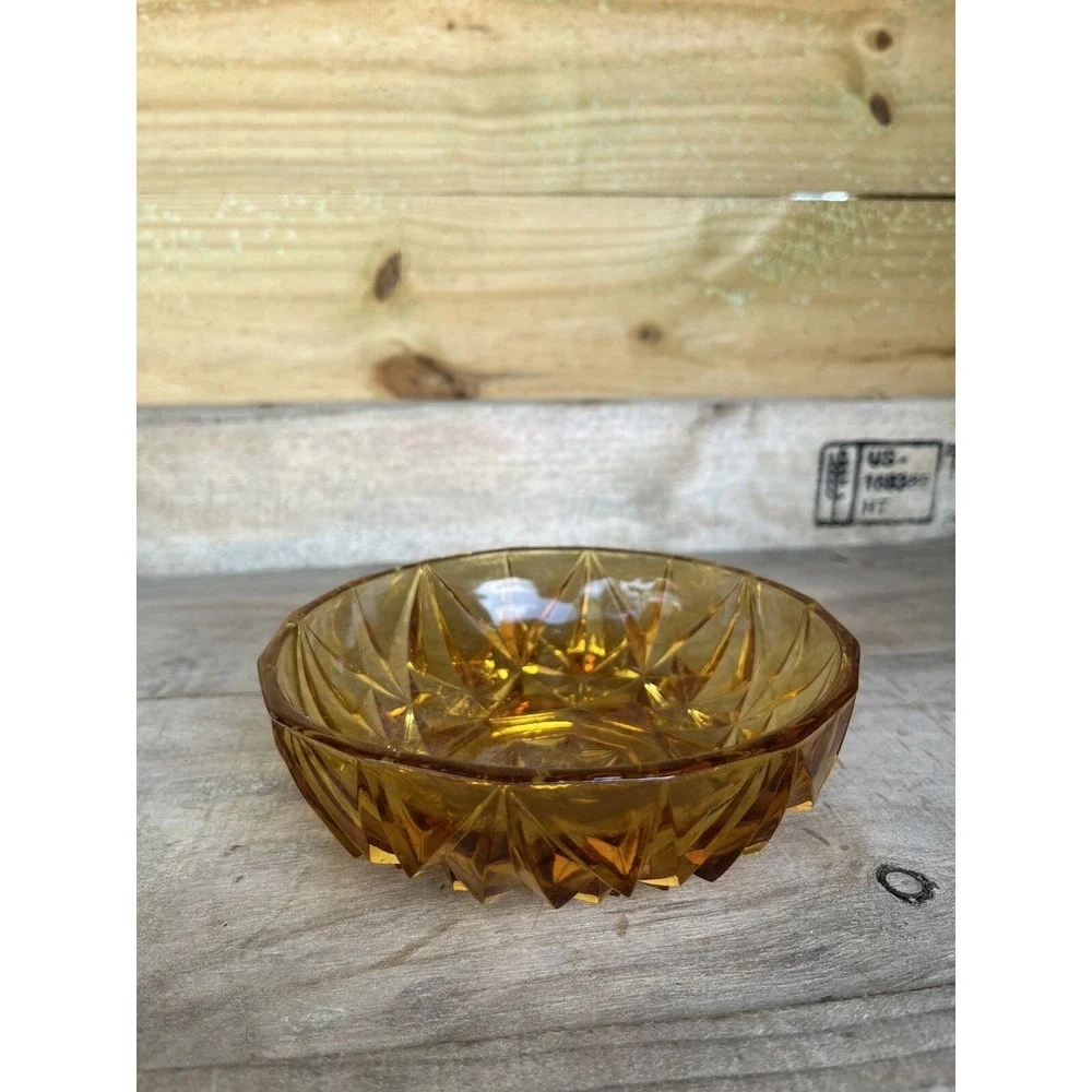 Vintage Amber  Round Cut Glass Candy, Nut Dish  1970s Trinket Dish Candy‎ Dish